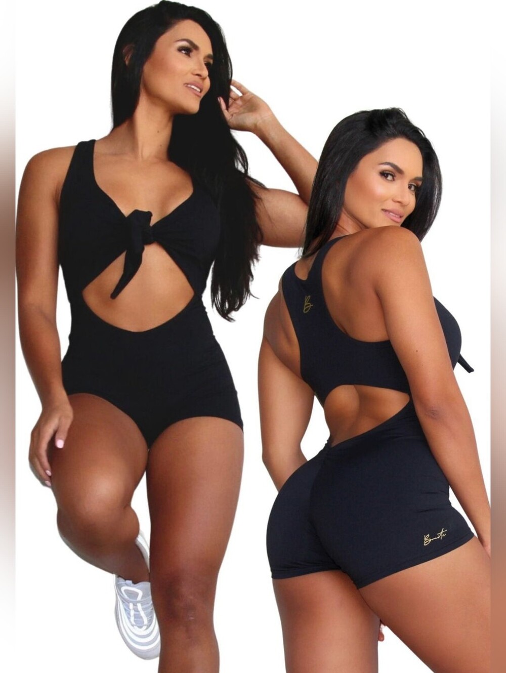 Bonita Active Knot Me Jumpsuit Black With Gold Lettering Size Small NWT
